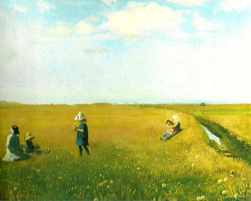 Michael Ancher born og unge piger plukker blomster pa mark nord for skagen